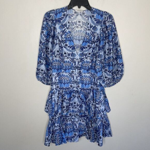SANDRO Yana Dress Womens 38 Medium Blue Floral Linen Blend Mini Ruffle V-Neck - Picture 1 of 16